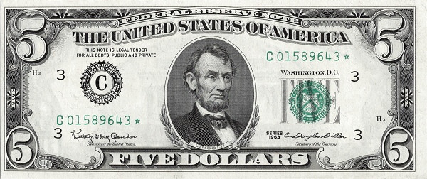 UNITED STATES OF AMERICA 5 Dollars 1963 Pick 444 collectible banknote