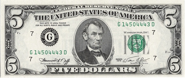 UNITED STATES OF AMERICA 5 Dollars 1974 Pick 456 collectible banknote