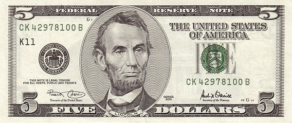 UNITED STATES OF AMERICA 5 Dollars 2001 Pick 510 collectible banknote