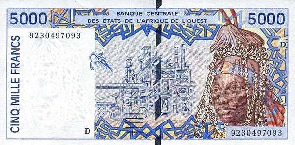 WEST AFRICAN STATES – MALI 5000 Francs 1992 Pick 413D collectible banknote