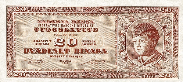 YUGOSLAVIA 20 Dinara 1950 Pick 67T collectible banknote
