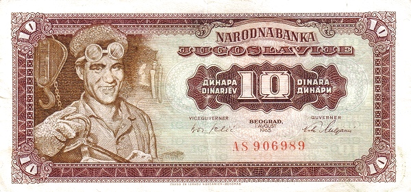 YUGOSLAVIA 10 Dinara 1965 Pick 78 collectible banknote