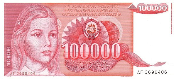 YUGOSLAVIA 100000 Dinara 1989 Pick 97 collectible banknote
