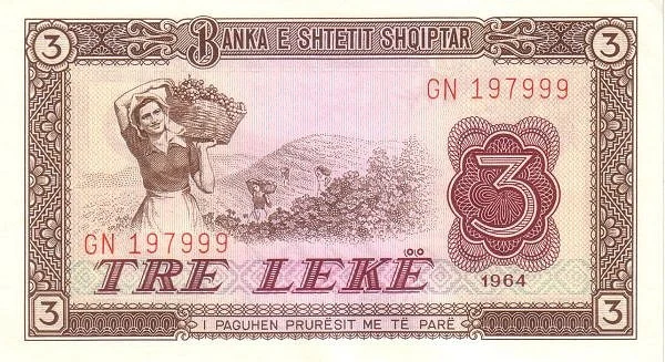 ALBANIA 3 Leke 1964 Pick 34 collectible banknote