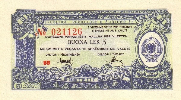 ALBANIA 5 Bon Lek 1965 Pick FX25 collectible banknote